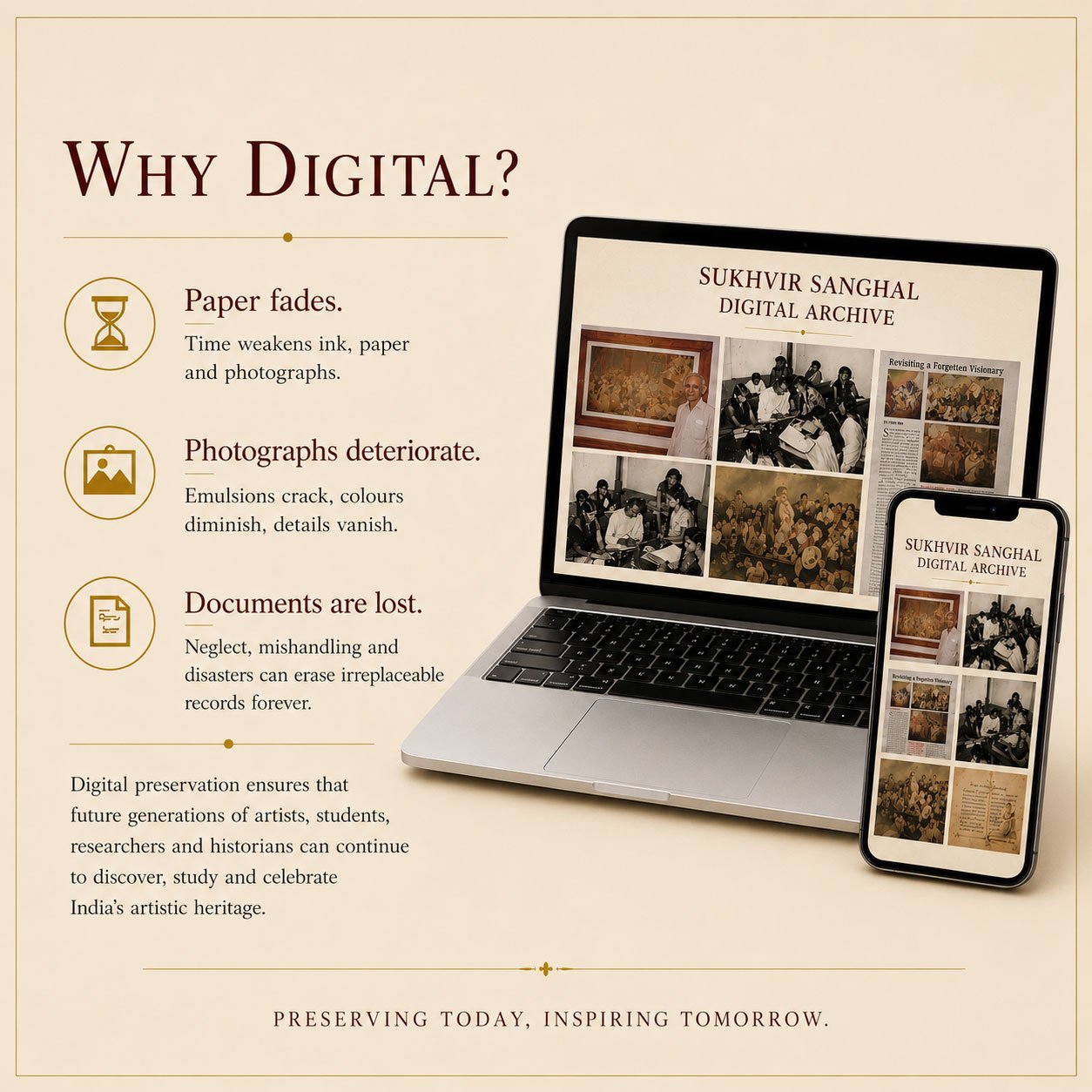 Sukhvir Sanghal Digital Archive displayed on laptop and mobile screens with original archival photographs, paintings, manuscripts and newspaper articles, highlighting the digital preservation of Prof. Sukhvir Sanghal's artistic legacy for future generations.